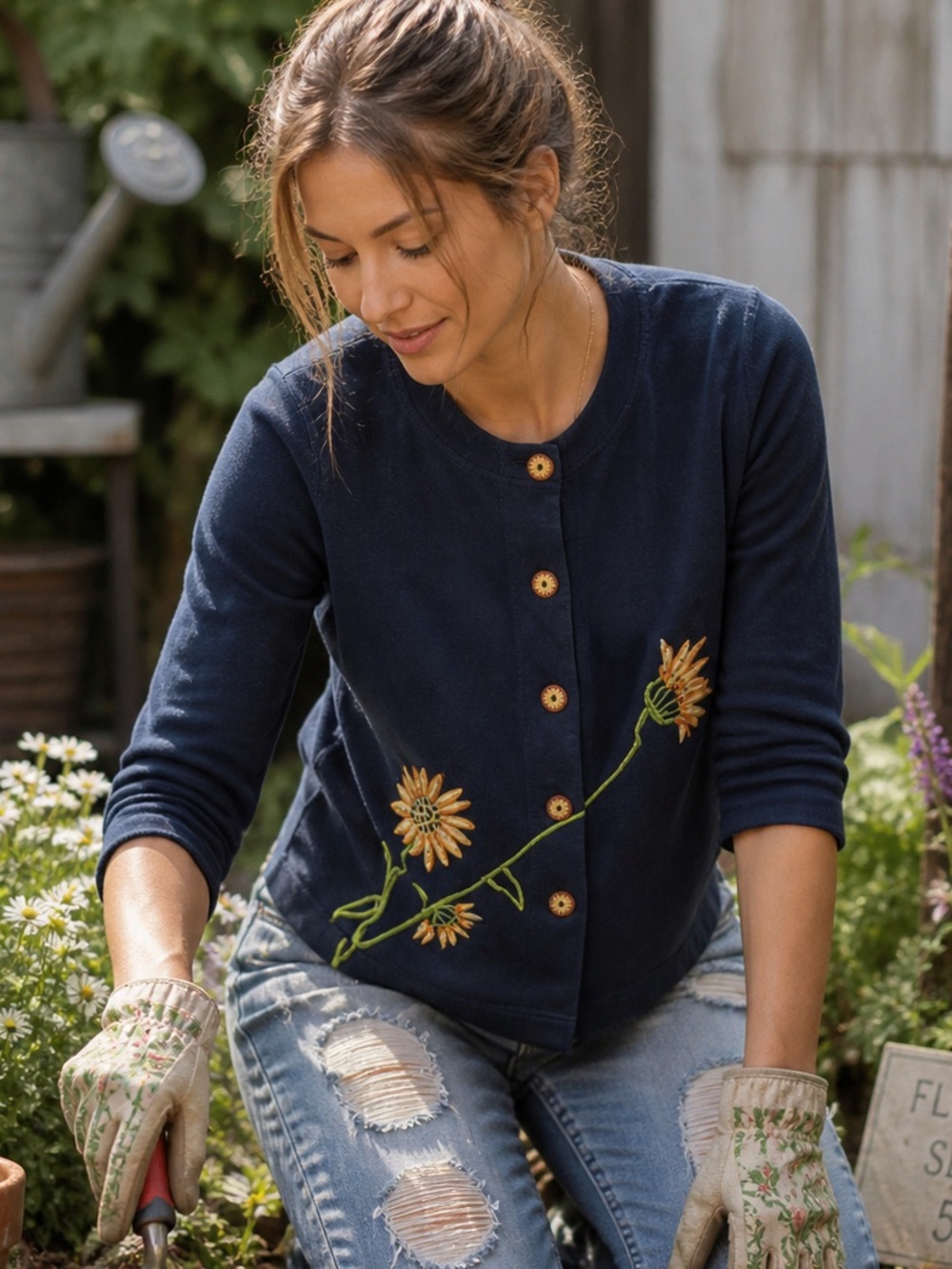Natalie & Me Embroidered Sunflower Cardigan Black Button Front Women’s Small